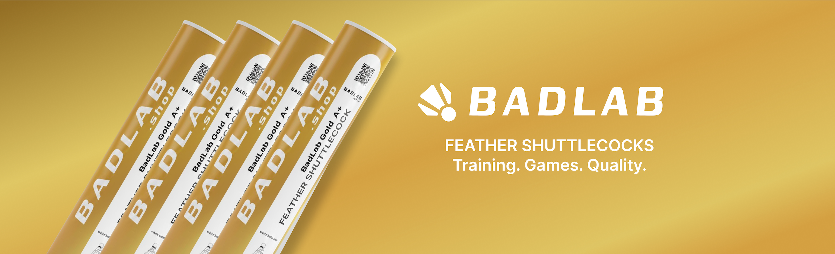 Gold Badlab feather shuttlecocks on a gold background with the Badlab.shop brand logo.