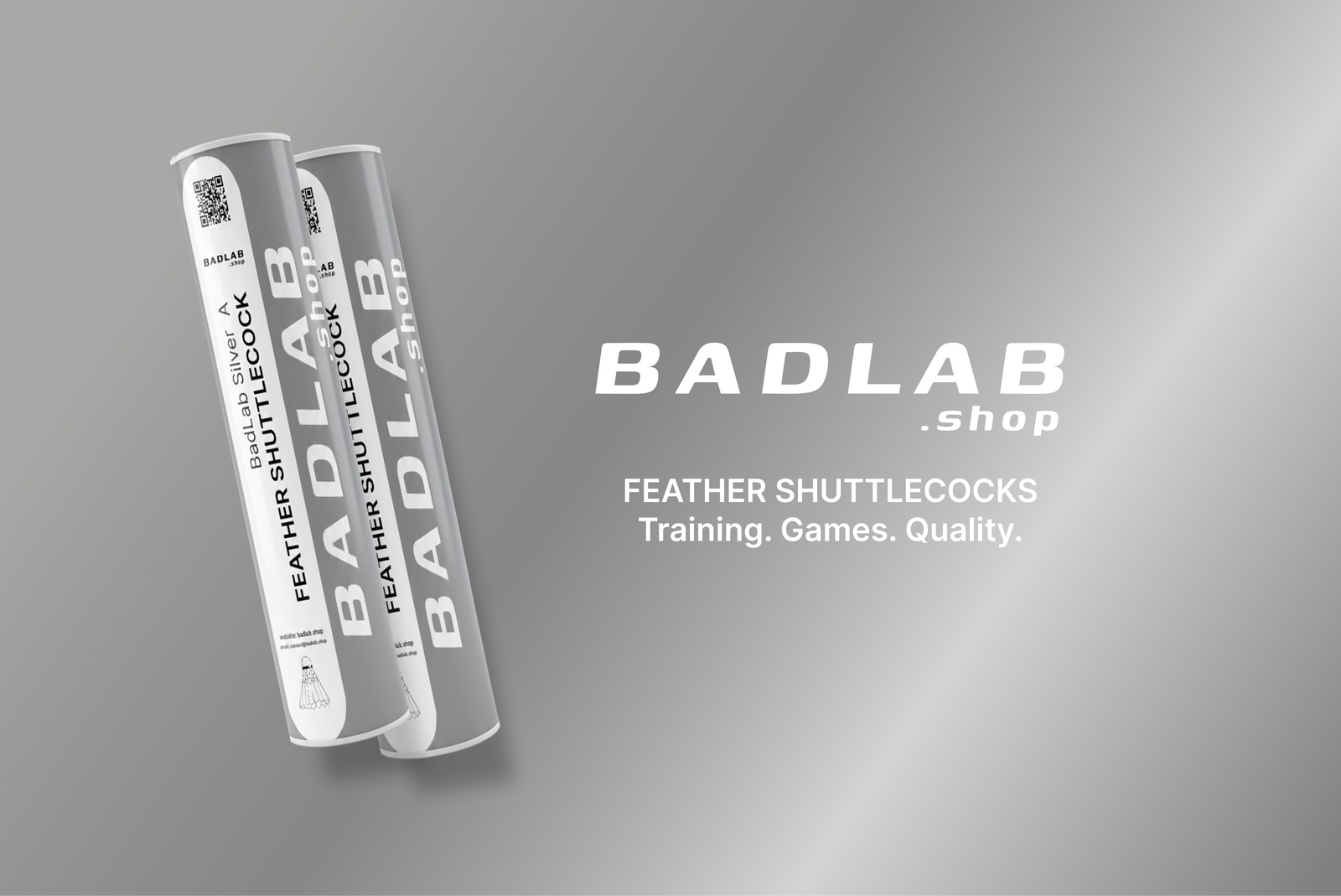 Two BADLAB silver feather shuttlecocks on a gray background with the brand badlab displayed.