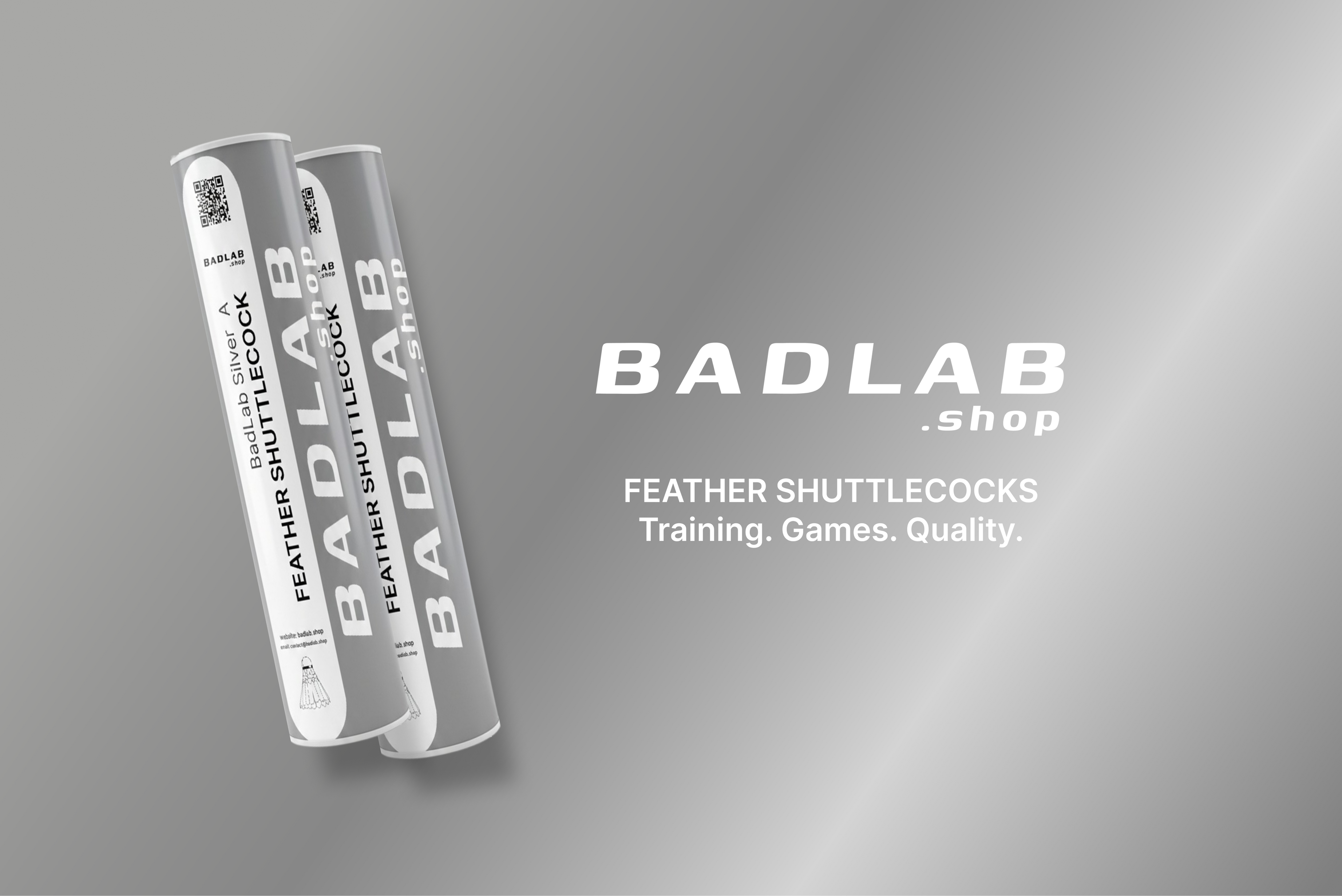 Two BADLAB silver feather shuttlecocks on a gray background with the brand badlab displayed.