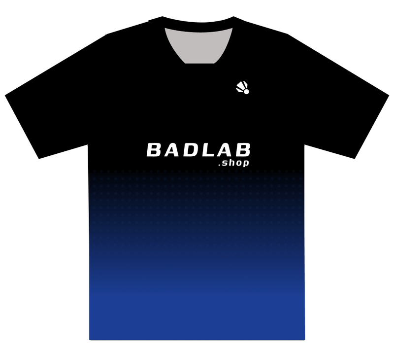 Black and blue gradient t-shirt with 'BADLAB.shop' text on a white background